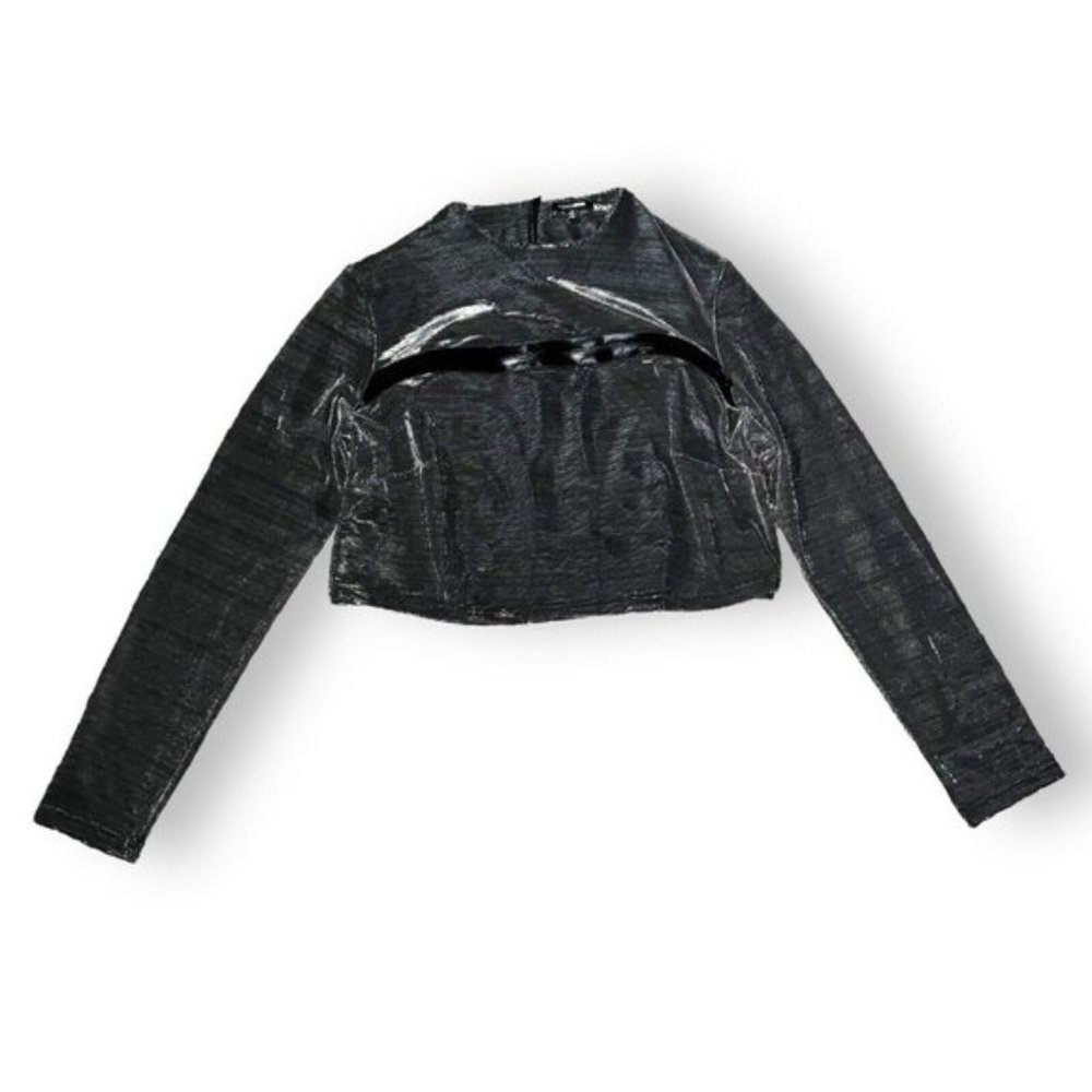 1X Ladies Crop Top Blouse Metallic Textured Zip Detail Long Sleeves Silver Black